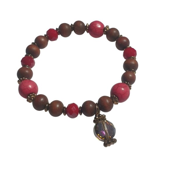 Wood Bead Pink Red Glass Charm Bracelet Handmade Stretch Adjustable Elegant Jewe - Picture 1 of 3